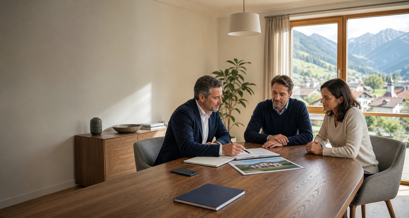 Ruhiges Beratungsgespräch mit Immobilienunterlagen für Techniker, die Immobilienverkauf prüfen möchten.